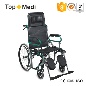 Cadeira de rodas de aço reclinável manual de encosto alto leve com almofada de pescoço